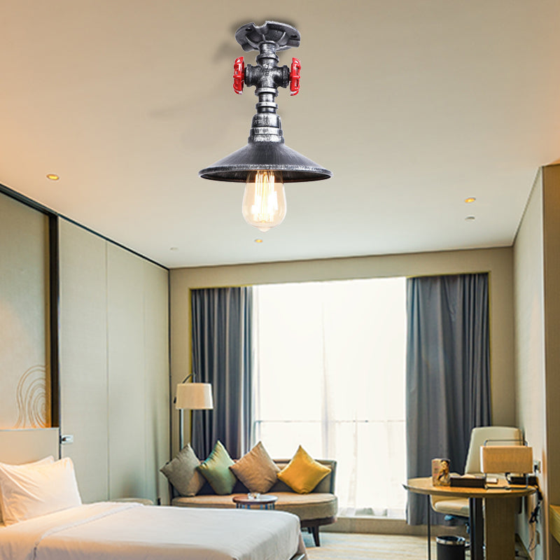 Cone Iron Semi-Flush Ceiling Light Loft Industrial 1 Light Bedroom Ceiling Lamp with Red Faucet Valve in Black/Bronze