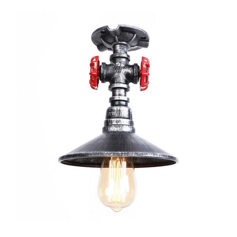 Cone Iron Semi-Flush Ceiling Light Loft Industrial 1 Light Bedroom Ceiling Lamp with Red Faucet Valve in Black/Bronze