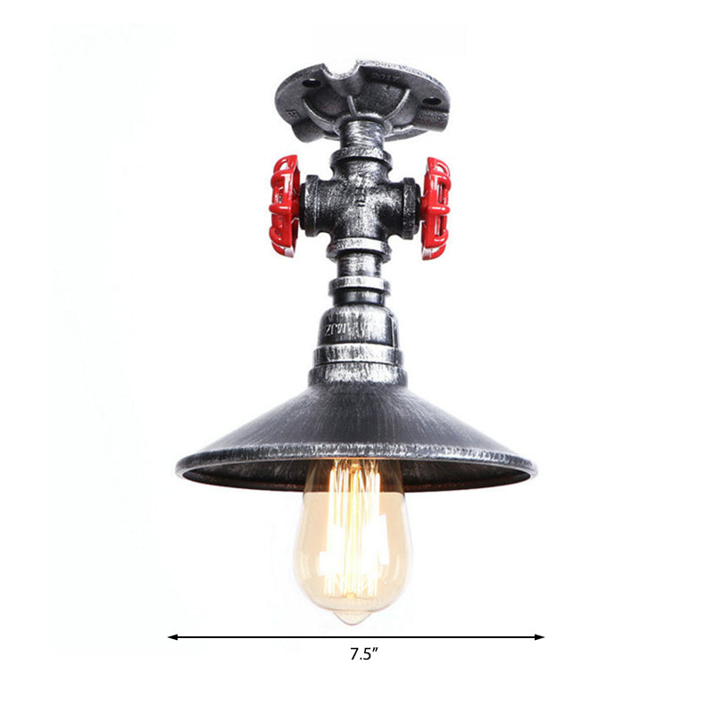 Cone Iron Semi-Flush Ceiling Light Loft Industrial 1 Light Bedroom Ceiling Lamp with Red Faucet Valve in Black/Bronze