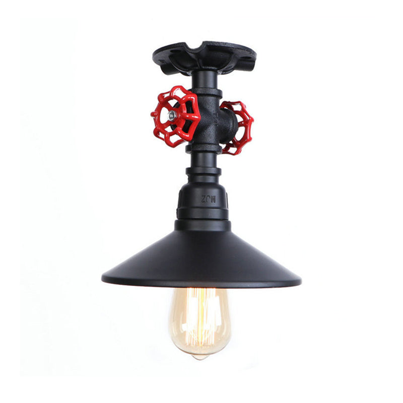 Luz de techo semi-flush de cono de hierro loft industrial 1 lámpara de techo de dormitorio ligero con válvula roja del grifo en negro/bronce