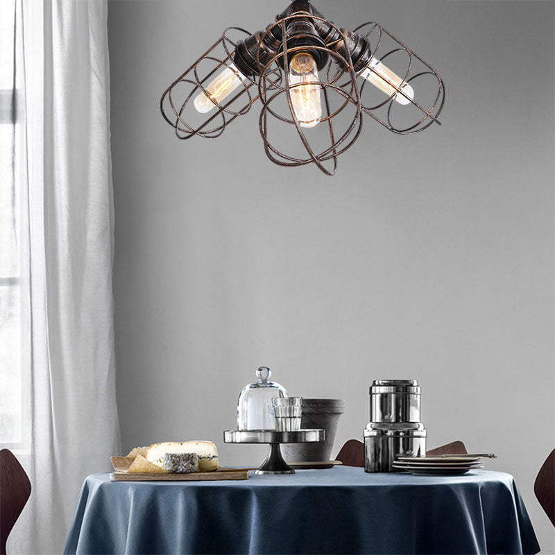 3 lumières Semi Flush Light avec cadre métallique en fer forgé de fer rustique élégant semi-luxueuse Pendante Lumière en bronze / argent âgé