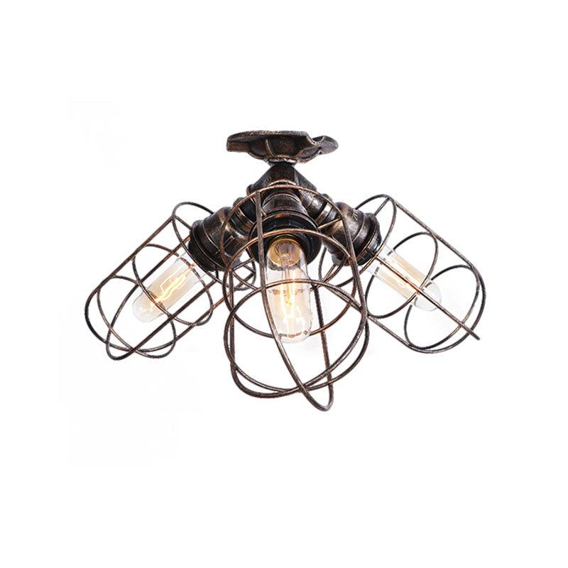 3 Lights Semi Flush Light with Wire Frame Wrought Iron Rustic Stylish Farmhouse Semi Flush Pendant Light in Bronze/Aged Silver