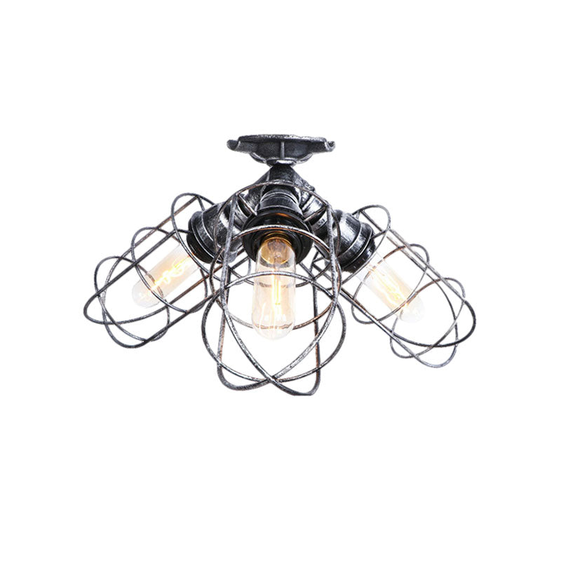 3 lumières Semi Flush Light avec cadre métallique en fer forgé de fer rustique élégant semi-luxueuse Pendante Lumière en bronze / argent âgé