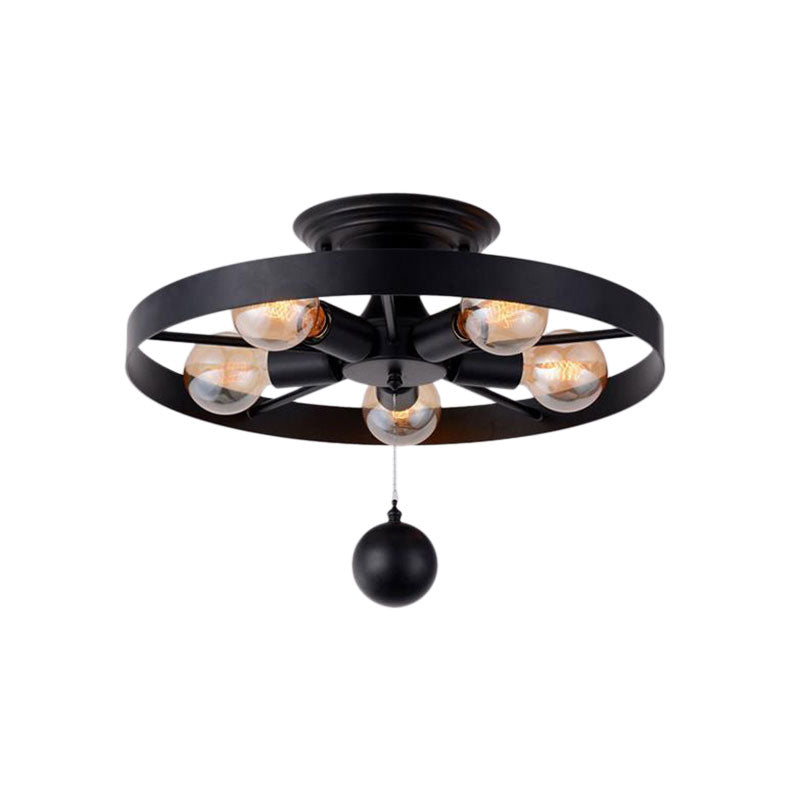 Industrial Style Wheel Semi Flush Light with Ball Decoration 5 Lights Metal Ceiling Light Fixture in Black