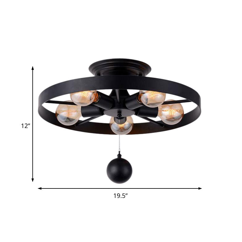 Industrial Style Wheel Semi Flush Light with Ball Decoration 5 Lights Metal Ceiling Light Fixture in Black