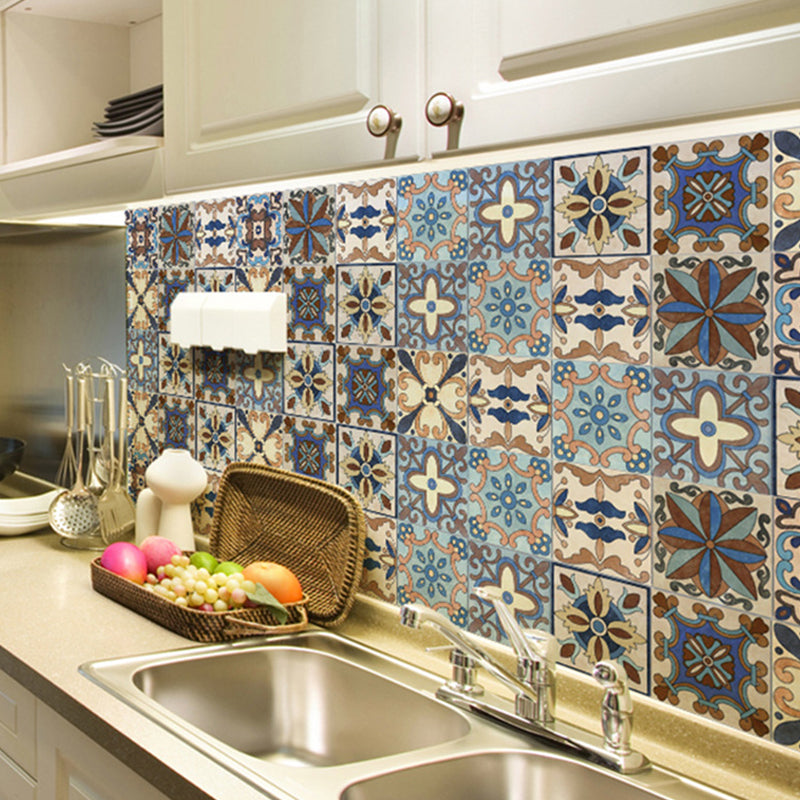 Boho Fleur-De-Lis Wallpaper Panels Blue and Brown Self Sticking Wall Covering for Kitchen