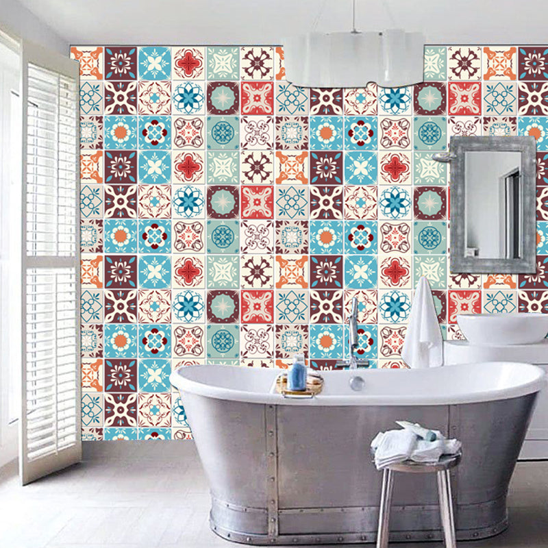 Flowers Wallpaper Panel Set Boho Exotic Mosaic Tile Peel Wall Covering in Blue, 3.5' L x 3.5" W