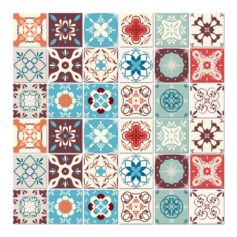 Flowers Wallpaper Panel Set Boho Exotic Mosaic Tile Peel Wall Covering in Blue, 3.5' L x 3.5" W