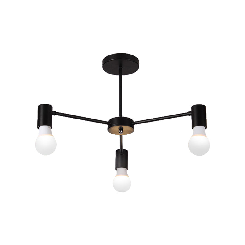 3/5 Heads Semi Flush Light with Open Bulb Metallic Industrial Style Bedroom Ceiling Light Fixture in Black/White