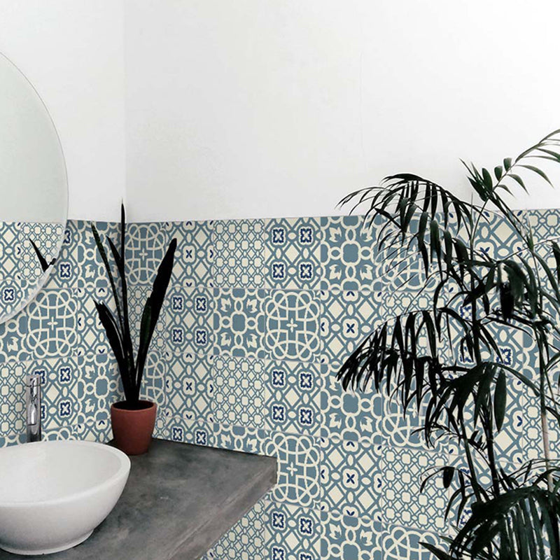 Geometric Peel Wallpaper Panels Boho-Chic Enchanting Floral Print Wall Covering in Blue, 3.5' x 8"