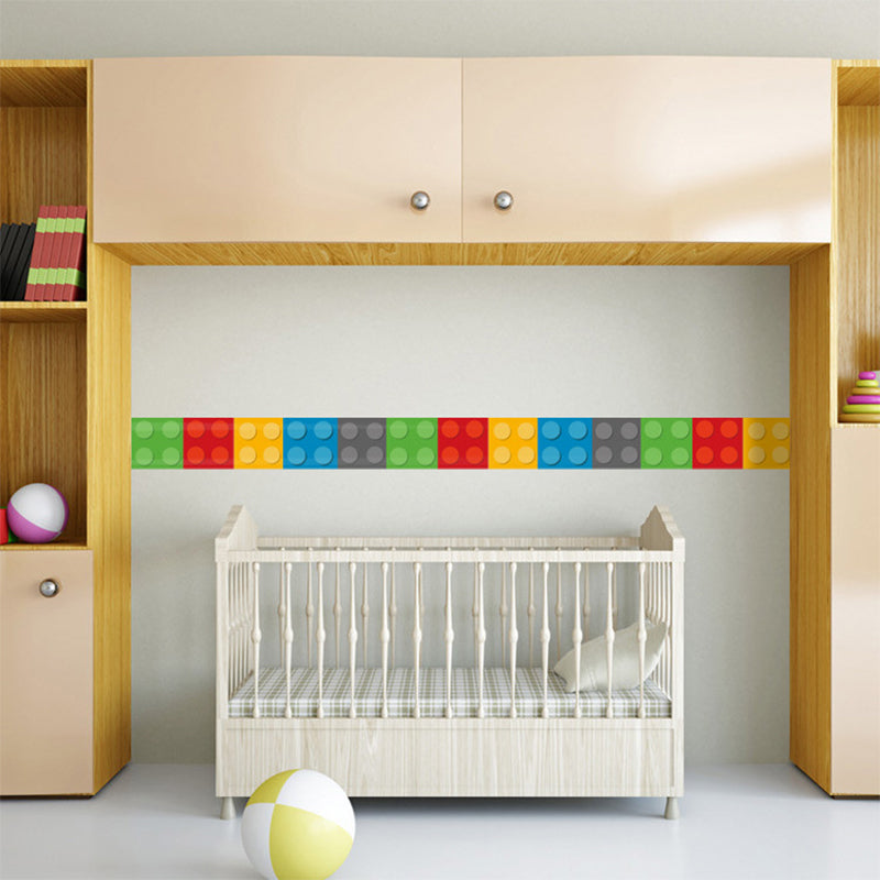 PVC Self-Stick Wallpaper Border Kids Style Building Blocks Wall Covering for Baby Room