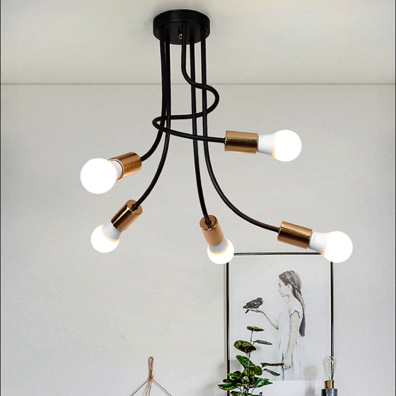 Gouden afwerking 5 koppen semi -flush mount licht industrieel ijzer gebogen arm plafond spoelbevel met kale lamp