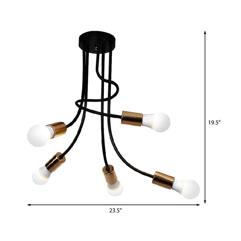 Finition or 5 têtes semi-flush mont léger en fer industriel du bras incurvé de plafond monment à chasse d'eau avec une ampoule nue