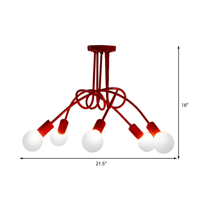 Red Twisted Semi Flush Light Industrial Loft Metal 5 Light Bedroom Semi Flush Mount Light