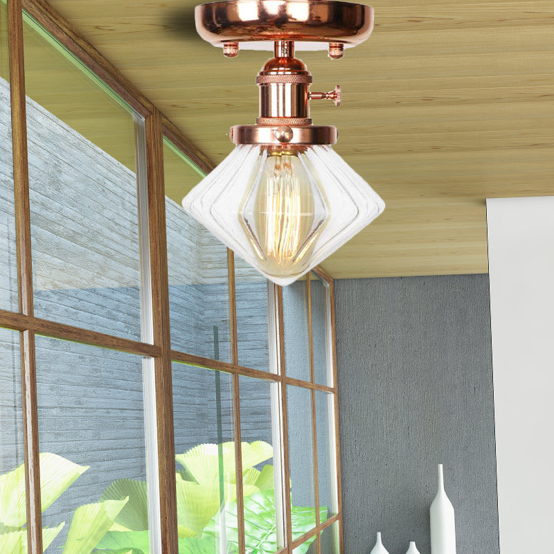 Bulbe Single Semi Flush Mount Industrial Globe / Wide Flare / Diamond Light Ayémorrat Plafond avec une teinte en verre transparent / ambre