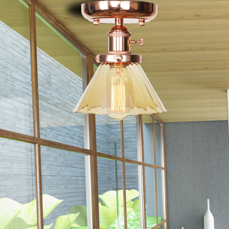 Single Bulb Semi Flush Mount Industrial Globe/Wide Flare/Diamond Light Fixture Ceiling with Clear/Amber Glass Shade