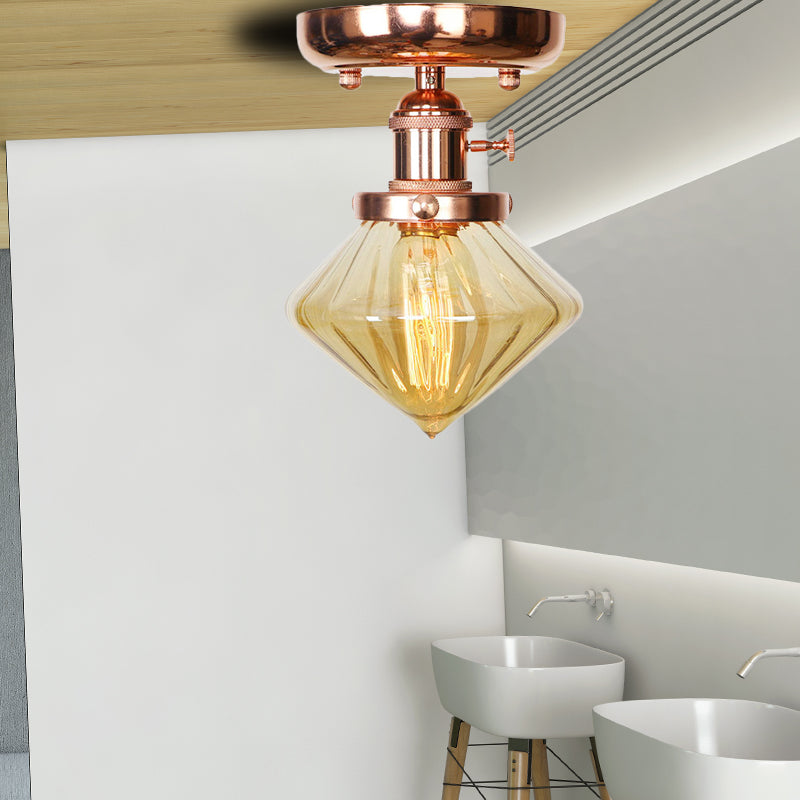 Single Bulb Semi Flush Mount Industrial Globe/Wide Flare/Diamond Light Fixture Ceiling with Clear/Amber Glass Shade