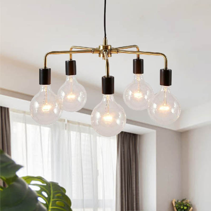 Metallic Exposed Chandelier Lamp Industrial Multi Light Living Room Hanging Light Fixture in Gold