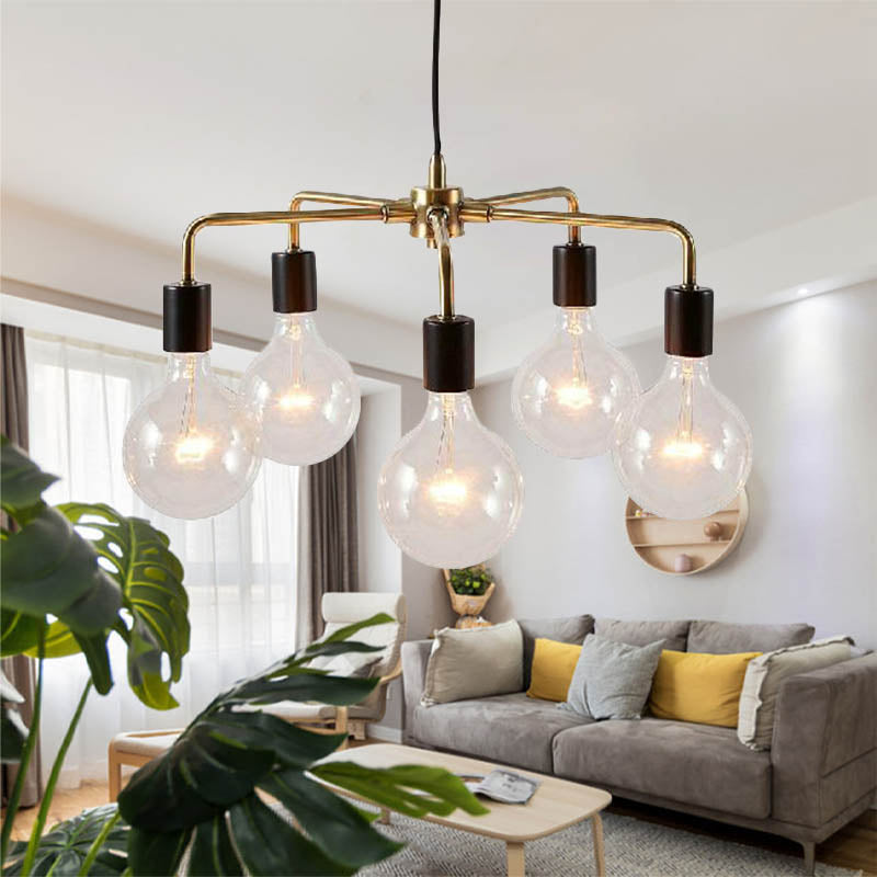 Metallic Exposed Chandelier Lamp Industrial Multi Light Living Room Hanging Light Fixture in Gold