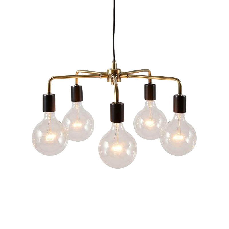 Metallic Exposed Chandelier Lamp Industrial Multi Light Living Room Hanging Light Fixture in Gold