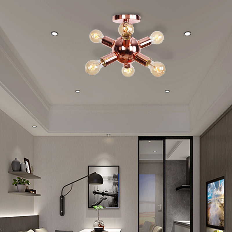 6/9 têtes Starburst Semi Flush Plafond Light Vintage Copper Metal Semi Flush Light avec ampoule nue pour restaurant