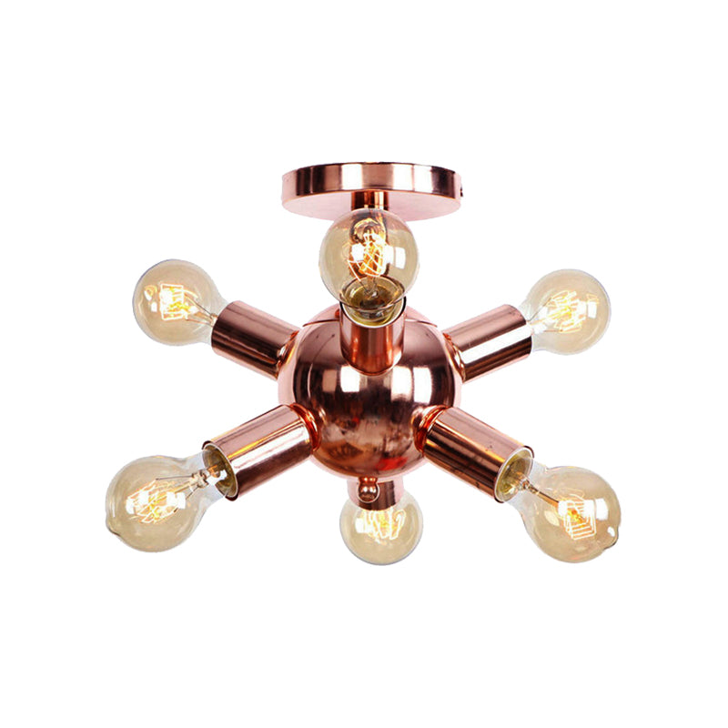 6/9 Heads Starburst Semi Flush Ceiling Light Vintage Copper Metal Semi Flush Light with Bare Bulb for Restaurant