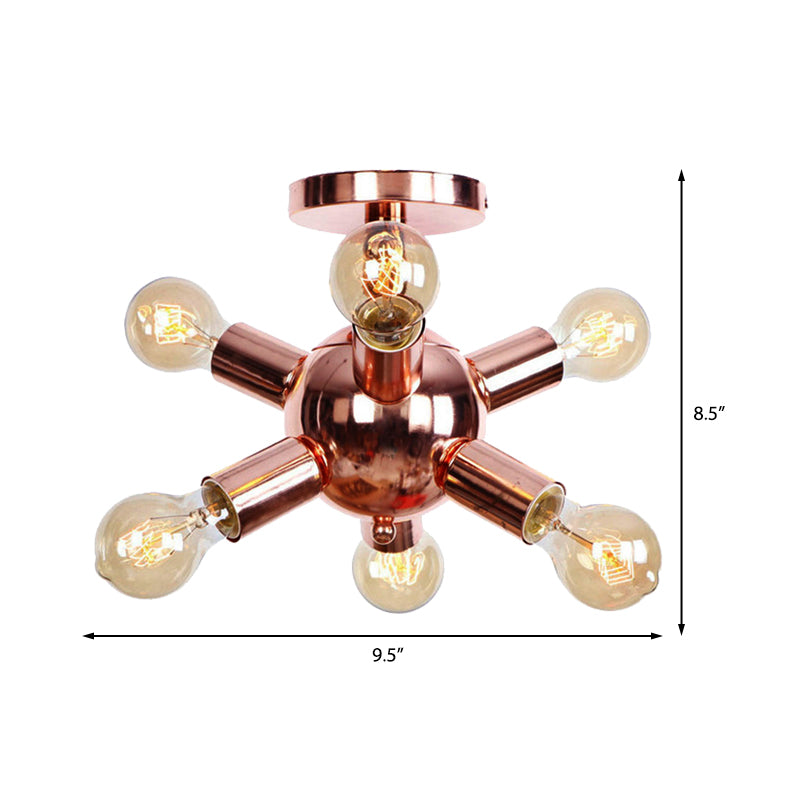 6/9 Heads Starburst Semi Flush Ceiling Light Vintage Copper Metal Semi Flush Light with Bare Bulb for Restaurant