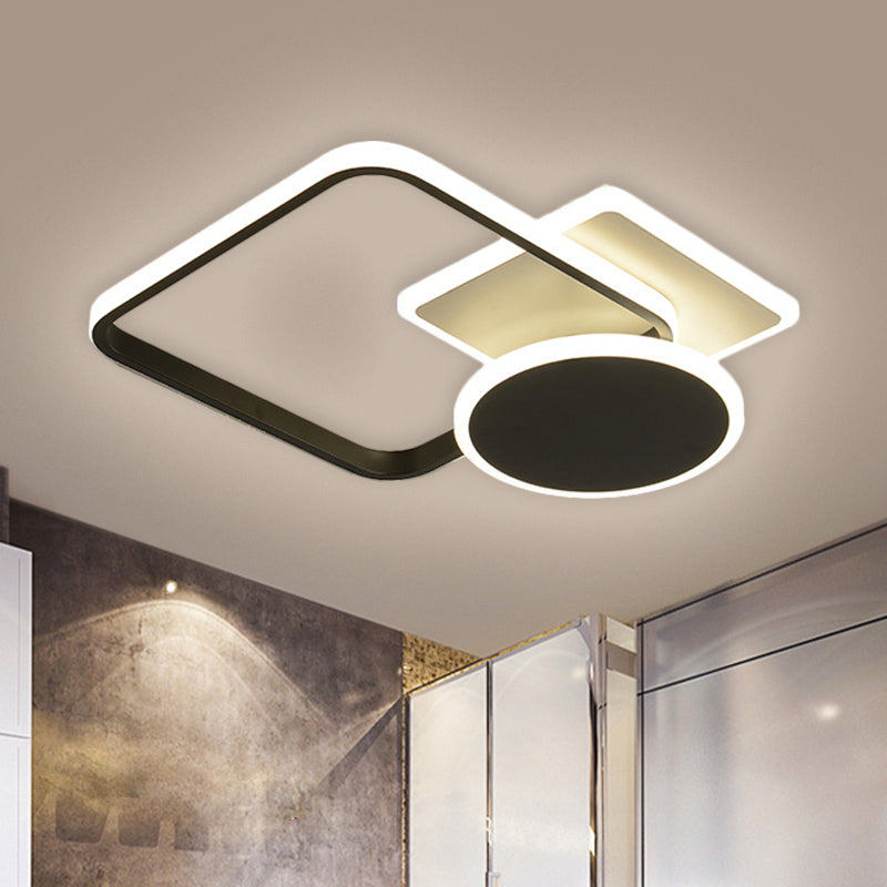 19"/23" W Square and Round Semi Flush Contemporary Metal LED Parlor Close to Ceiling Lamp in Black, Warm/White Light