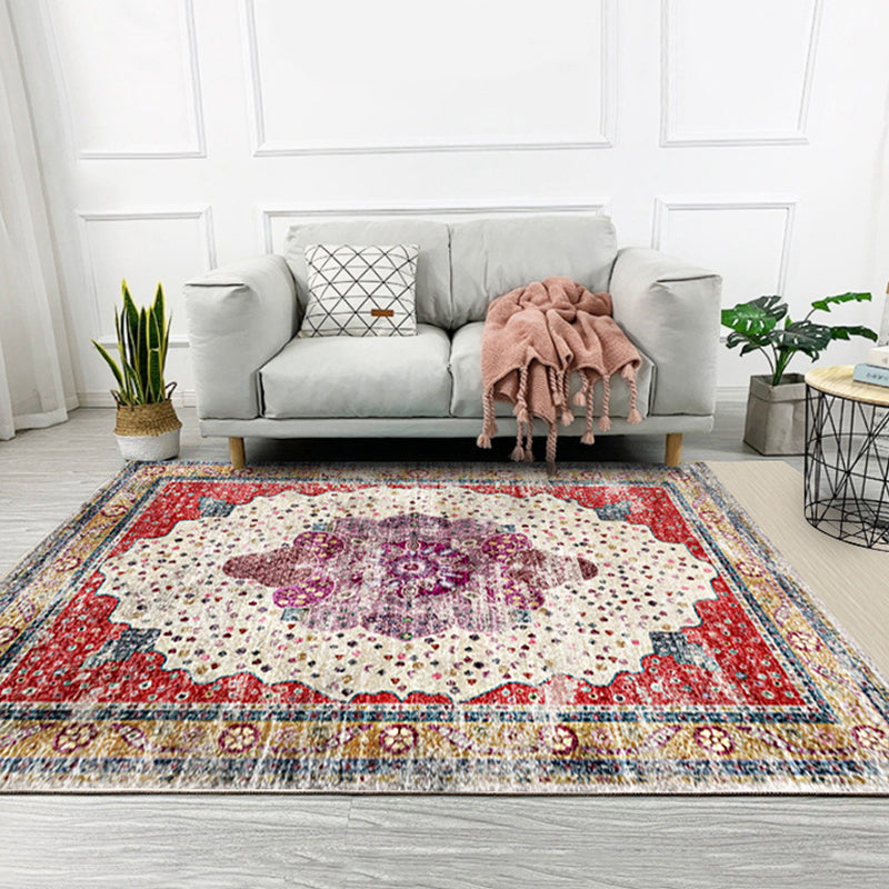 Red Bedroom Rug Moroccan Medallion Floral Dots Pattern Area Rug Polyester Pet Friendly Carpet