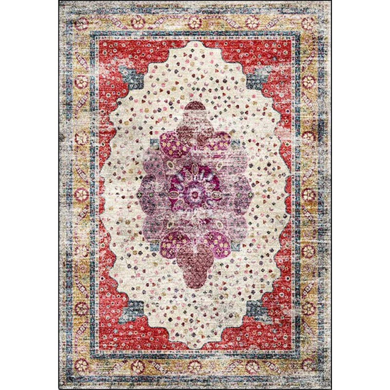 Red Bedroom Rug Moroccan Medallion Floral Dots Pattern Area Rug Polyester Pet Friendly Carpet