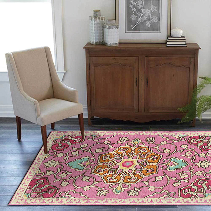 Moroccan Living Room Rug in Pink Medallion Flower Print Rug Polyester Machine Washable Non-Slip Area Rug