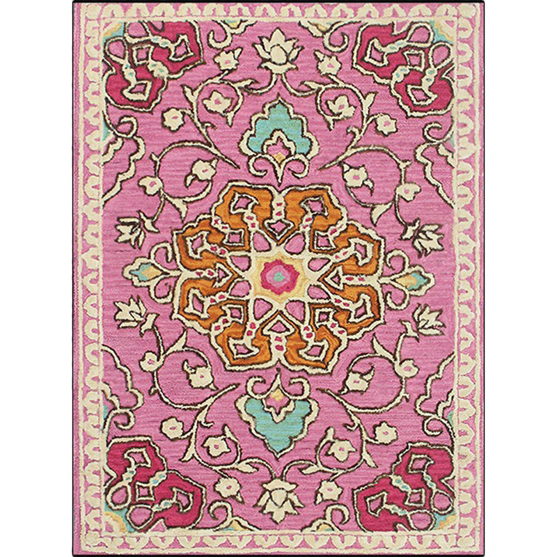 Moroccan Living Room Rug in Pink Medallion Flower Print Rug Polyester Machine Washable Non-Slip Area Rug