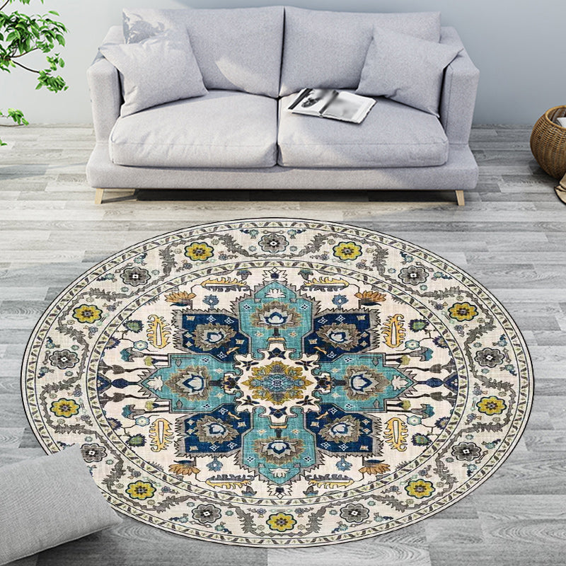 Classic Medallion Pattern Rug with Floral Blue and Red Tribal Rug Polyester Washable Anti-Slip Backing Area Rug for Living Room