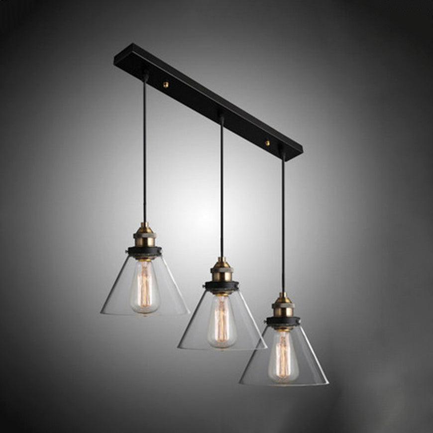 3/4/5-Licht-Multi-Pendelleuchten-Leuchte Vintage-Kegel Clear Glass Hanging Lampe in Schwarz mit linearem Baldachin