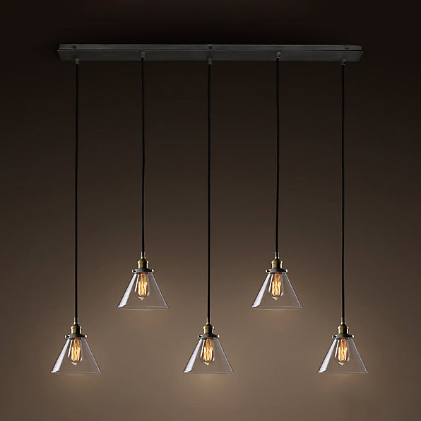 3/4/5-Licht-Multi-Pendelleuchten-Leuchte Vintage-Kegel Clear Glass Hanging Lampe in Schwarz mit linearem Baldachin