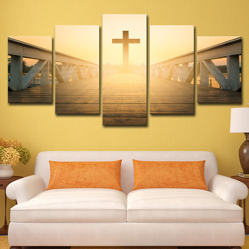 Religious Wall Art Modern Enchanting Bridge to the Cross at Sunset Canvas in Yellow