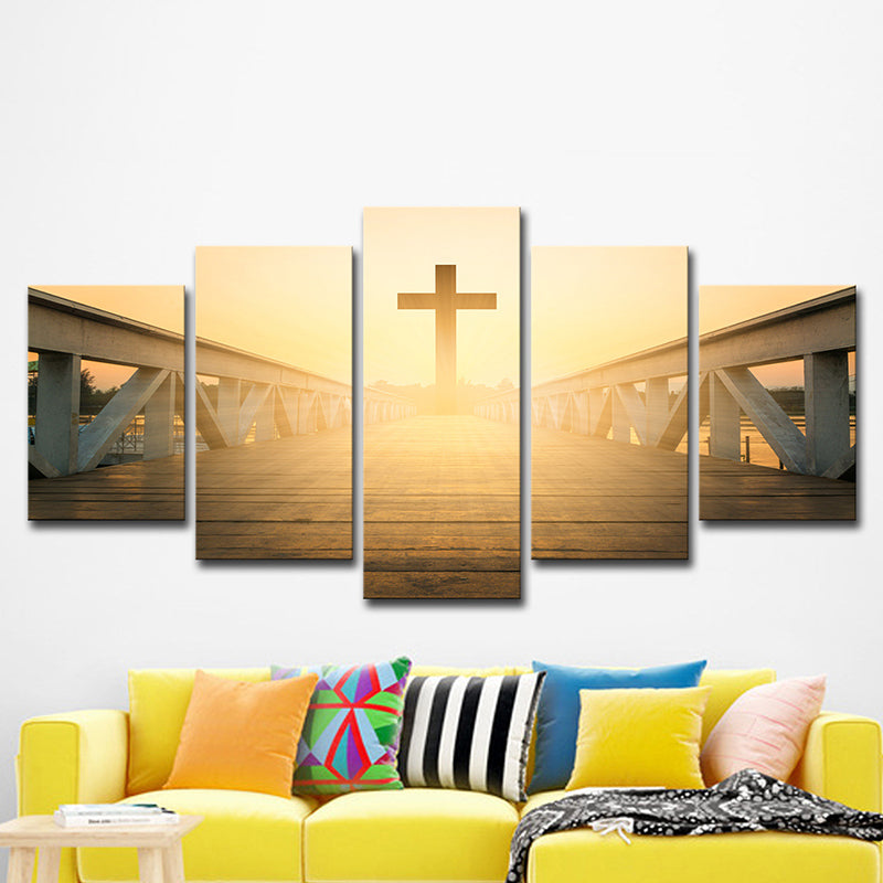 Religious Wall Art Modern Enchanting Bridge to the Cross at Sunset Canvas in Yellow