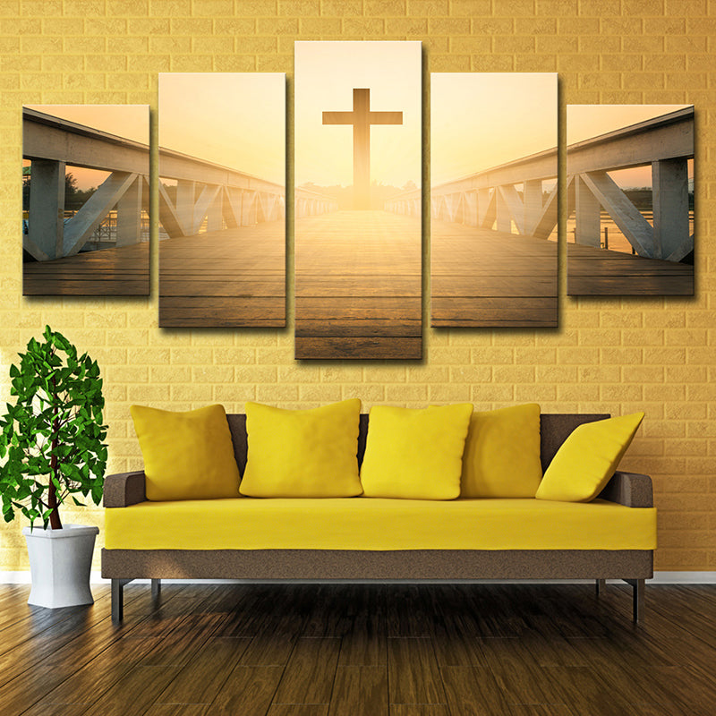 Religious Wall Art Modern Enchanting Bridge to the Cross at Sunset Canvas in Yellow