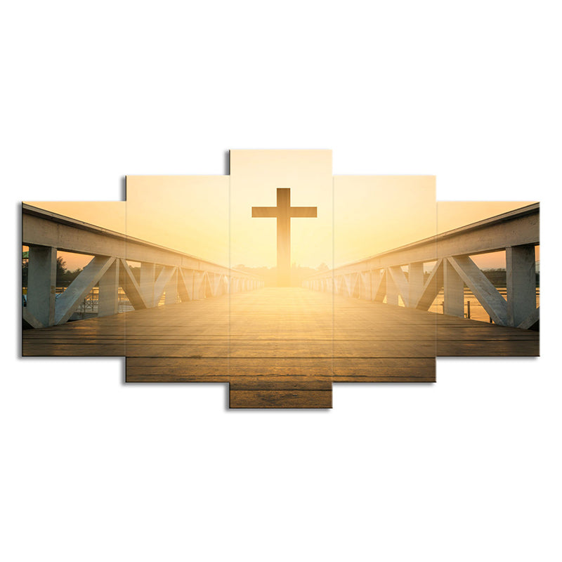 Religious Wall Art Modern Enchanting Bridge to the Cross at Sunset Canvas in Yellow