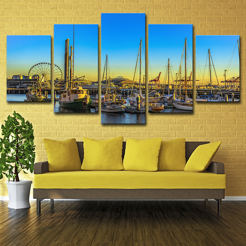 Global Inspired Seattle Pier Art Print Canvas Multi-Piece Blue Wall Decor for Hotel