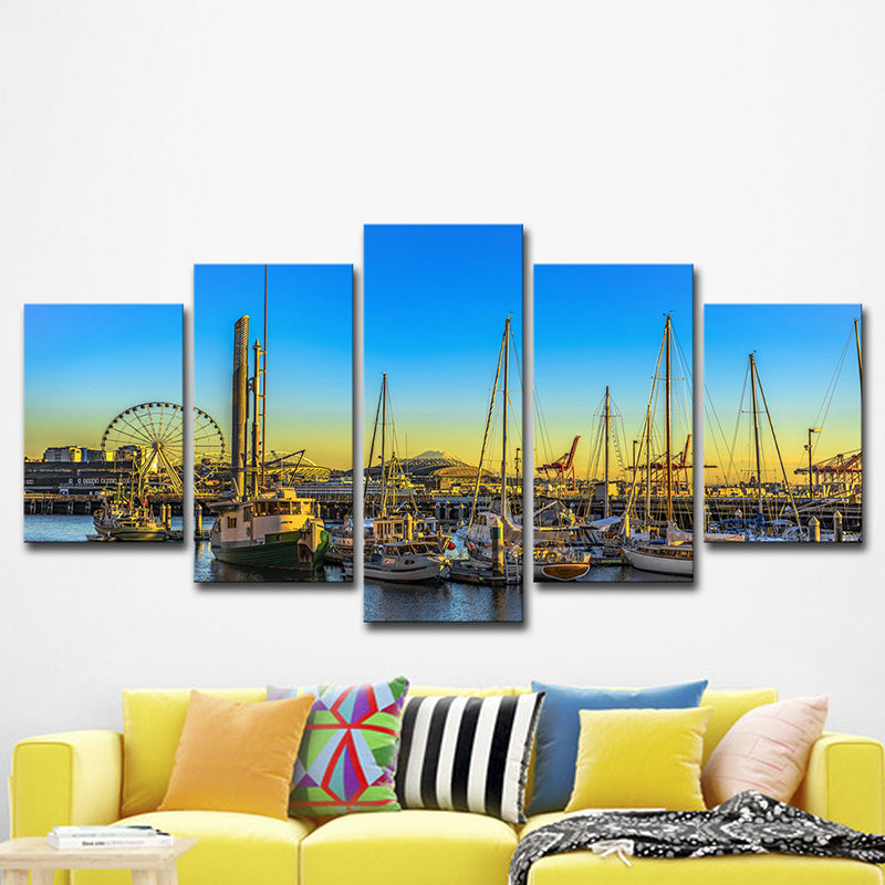 Global Inspired Seattle Pier Art Print Canvas Multi-Piece Blue Wall Decor for Hotel