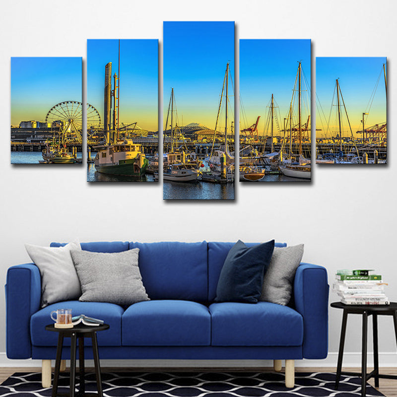 Global Inspired Seattle Pier Art Print Canvas Multi-Piece Blue Wall Decor for Hotel