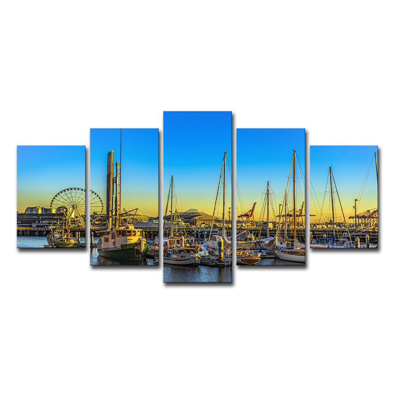 Global Inspired Seattle Pier Art Print Canvas Multi-Piece Blue Wall Decor for Hotel