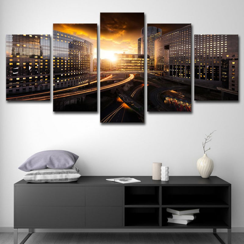 Urban Sunset Cityscape Wall Art Black and Gold Multi-Piece Canvas Print for Home