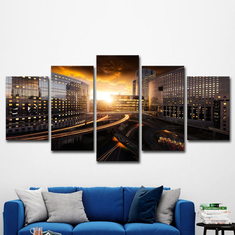 Urban Sunset Cityscape Wall Art Black and Gold Multi-Piece Canvas Print for Home