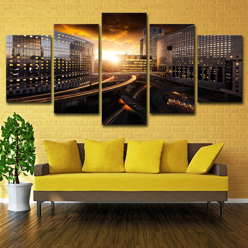 Urban Sunset Cityscape Wall Art Black and Gold Multi-Piece Canvas Print for Home