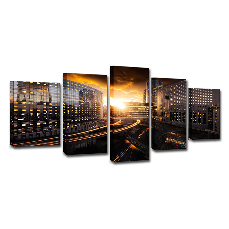 Urban Sunset Cityscape Wall Art Black and Gold Multi-Piece Canvas Print for Home