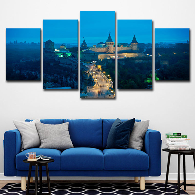 Ukraine Castle Nightscape Canvas Print Global Inspired Beautiful Scenery Wall Art in Blue