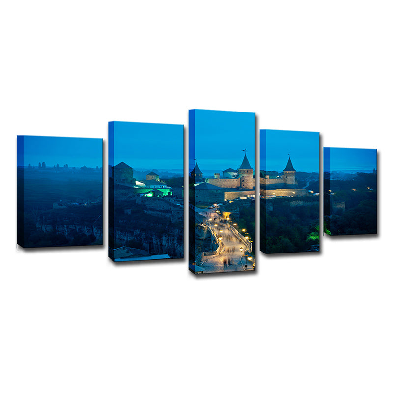 Ukraine Castle Nightscape Canvas Print Global Inspired Beautiful Scenery Wall Art in Blue