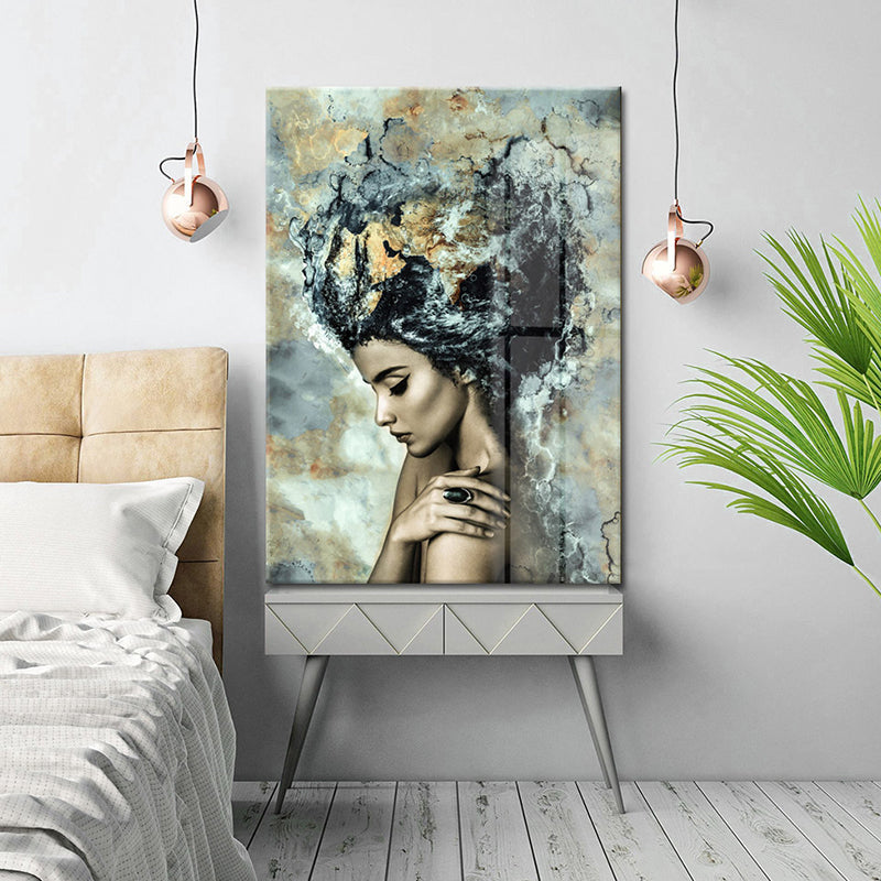 Woman Side Face Wall Art Print Modern Textured Canvas in Black and Beige for Home